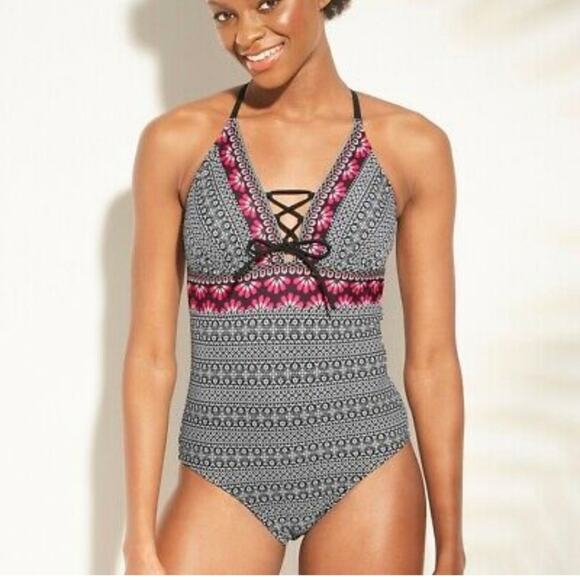 Kona Sol Lace-up Bodice One-piece Black & White Print Suit with Border sz Medium - Picture 1 of 8